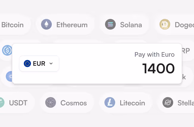 A grid of cryptocurrencies and an input field with EUR selected as currency and label - Pay with Euro