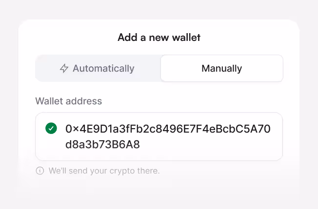 Add a new wallet screen with options to add automatically or manually. Wallet address input field filled with a sample Ethereum address.