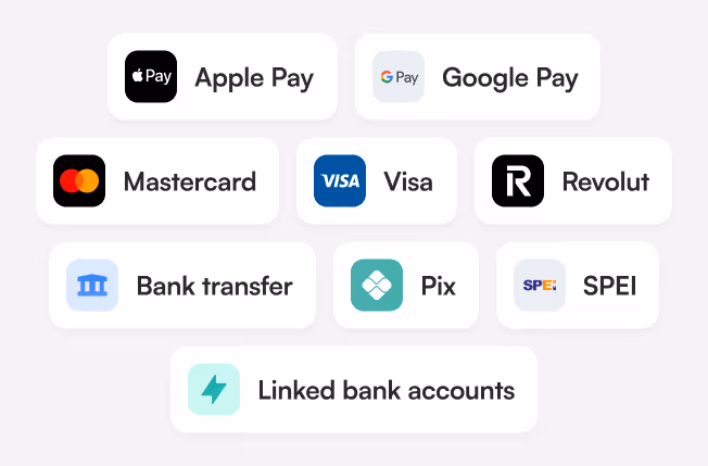 Payment method selection screen showing Apple Pay, Google Pay, Mastercard, Visa, Revolut, Bank transfer, Pix, SPEI, and Linked bank accounts.