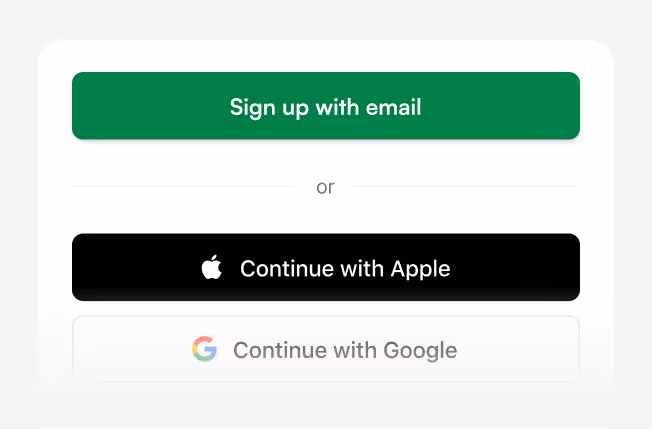 Sign Up screen with options to sign up with email, Continue with Apple, or Continue with Google.